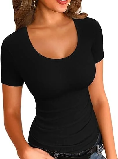 Sommar Dam Scoop Neck Kortärmade Tröjor Ribbade Slim Fitted Casual Basic Topp Blusar
