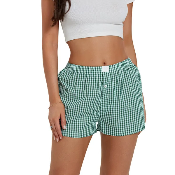 Dame Lounge Shorts Bløde Elastiske Lavtaljede Ternet Print Pyjamas Shorts