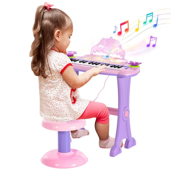 HOMCOM 32-tangenters elektroniskt keyboard för barn, musikaliskt leksakspiano för barn med mikrofon, pall, ljus, olika ljud, rytmer, melodier, MP3-kar