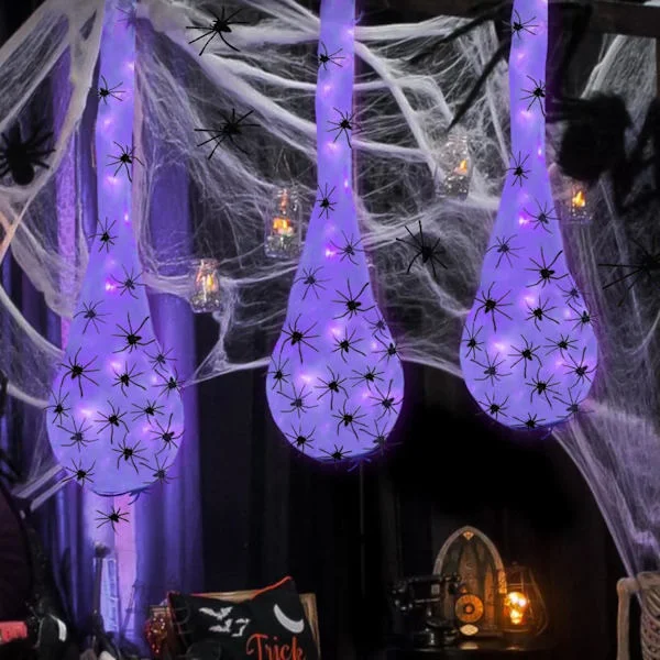 3 stk. Kæmpe Edderkop Halloween Dekorationer Udendørs, Lilla LED Lysende Edderkoppeægsække Hængende Dekor til Halloween Tilbehør
