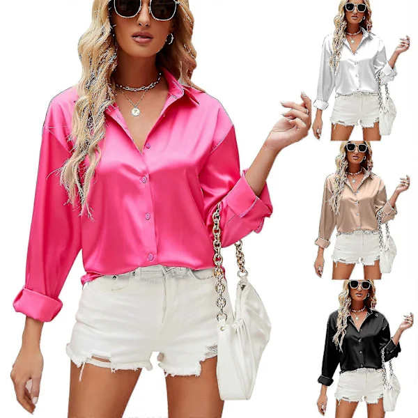 Dame Satin V-hals Knappelukking Skjorter Satin Casual Dame Langermet Arbeidsbluse Topper