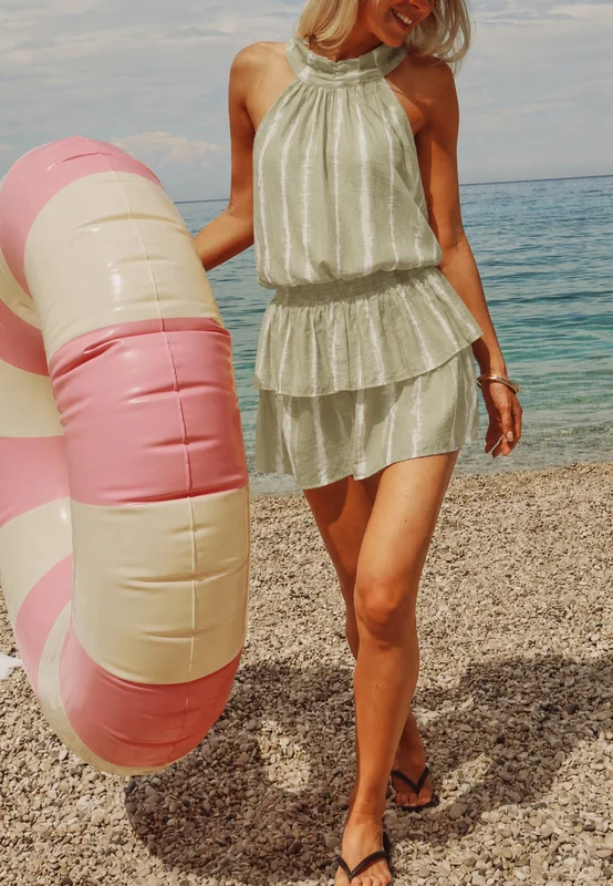 BUBBLEROOM - Halter Neck Dress - Ljusgrön/Mönstrad - Halterneck Klänning