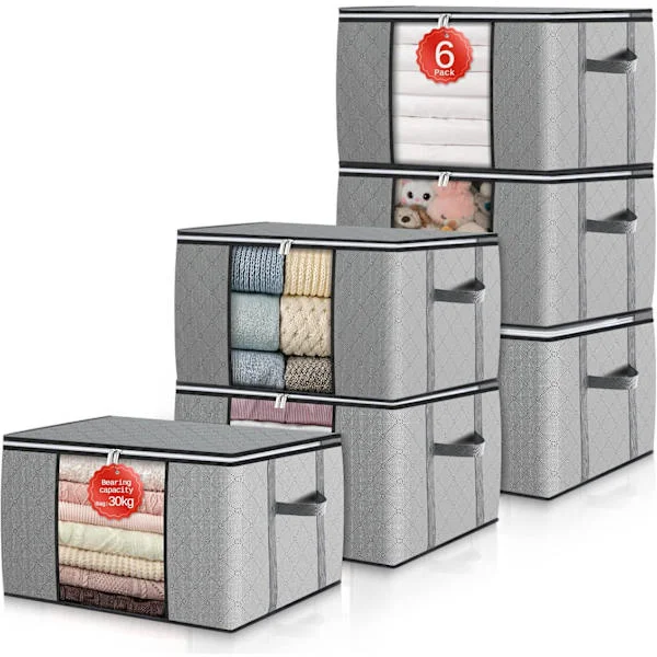 Large Clothes Storage Bags 6-Pack, Storage Bins with Lids, Reinforced Handles Moving Boxes, Wardrobe Organizer for Comforter Bedding Clothes