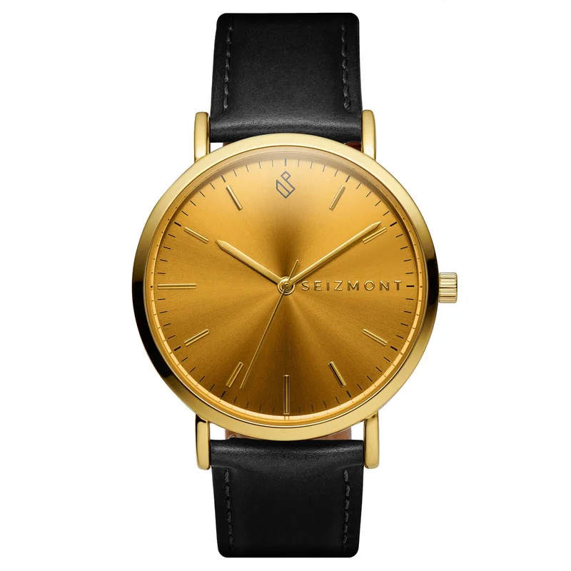Moment | Gold-Tone Minimalist Dress Analog Quartz Movement Watch with Champagne Dial & Black Leather Strap for Men - Wrist watches