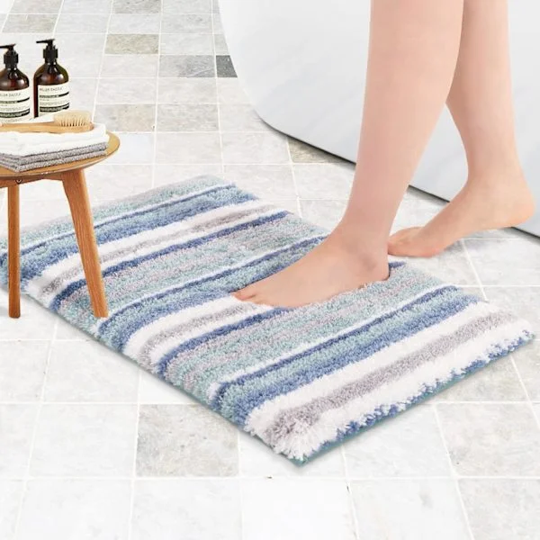 Non-Slip Bathroom Mat Shower Mat Soft Plush Microfiber Striped Rugs and Bath Mats (Blue, 40x60cm)