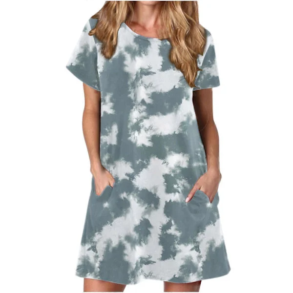 QLEICOM Kvinders Sommer Casual T-shirt Kjoler O-hals Kortærmet Løs Kjole Solkjole med Lommer Blå B S, US Størrelse: 4