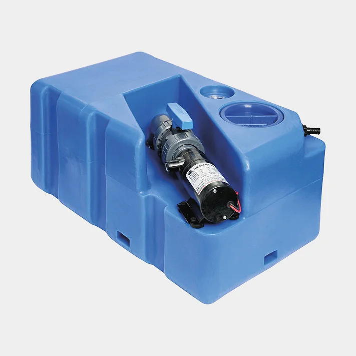Fäkalientank / Grauwassertank, 60 Liter, mit Zerkleinerungspumpe (12 V) & Inspektionsdeckel, 650 x 390 x 300 mm, MDPE (Polyethylen), blau - Boot