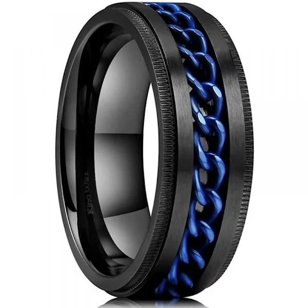 Intertwine Svart Blå Rustfritt Stål 8mm Ringer for Menn Spinner Fidget Ring Angst Ring for Menn Kantstein Innlegg-10