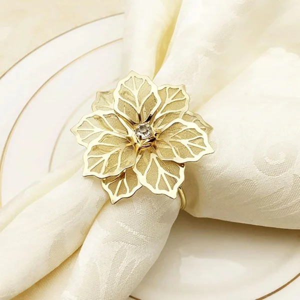 Blomster Serviettringer Sett med 6, Slitesterk Blomster Serviett Holder Pynt Husholdnings Serviettringer Sett Rhinestone Serviettringer (Gull)