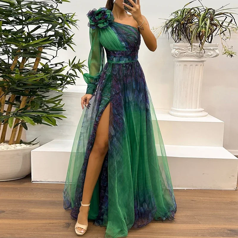 AliExpress - Vintage-Muster bedrucktes langes Kleid mit hoher Taille, sexy asymmetrisches Mesh-Abendkleid, neues Brautjungfernkleid mit Schulterärmeln