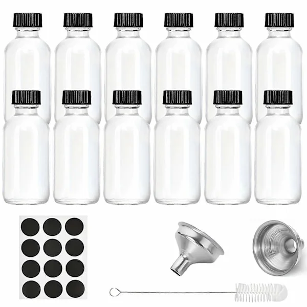 12 stk Glassflasker Med Lokk Og 2 Rustfrie Trakter 2 Oz 60ml, Små Gjennomsiktige Glassflasker For Drikke, Juice, Helse, Ingefærshots