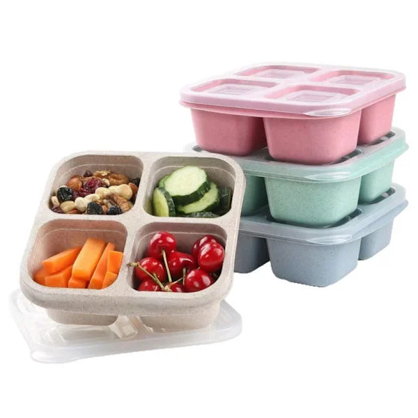4-pakke Snackbokser, Bentobokser med 4 Rom Kompatibel med Barn og Voksne, Matbokser med Skillevegger Kompatibel med Skolen (Grønn/Blå/Rosa/Hvit)