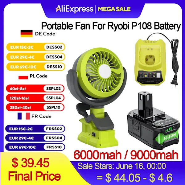 Bärbar fläktkraft för Ryobi 18V Ett batteri 2 i 1 Tvåhastighetsfläkt och ledljus Elverktyg för camping Uppladdningsbar för P108
