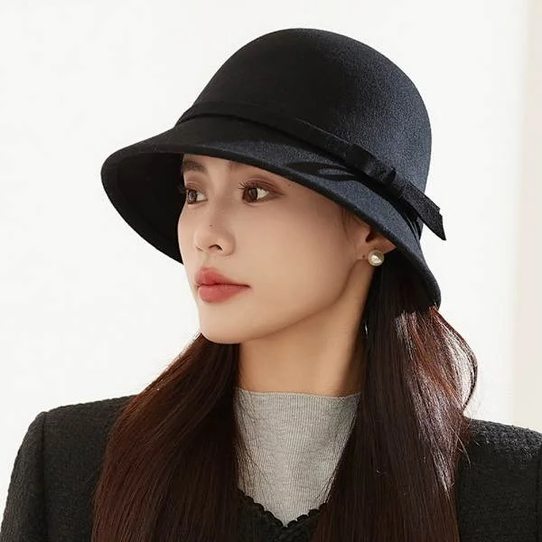 Tyylikäs naisten villahuopahattu rusetilla - Ajaton vintage cloche-hattu - Tyylikäs fedora-hattu - Klassinen bowler-hattu