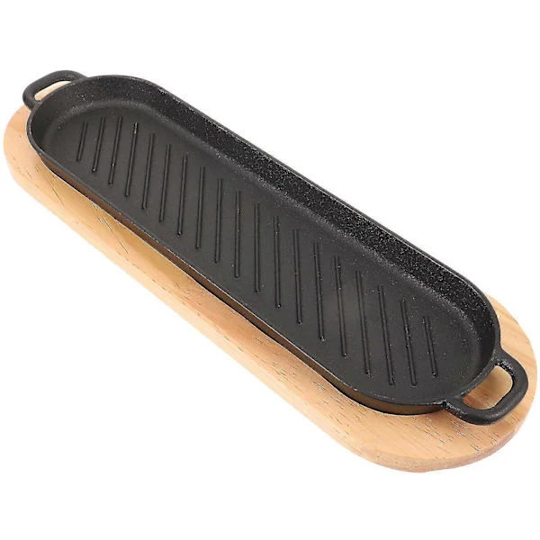 Stegeplade i støbejern med træbase, grillplade, madserveringsbakke