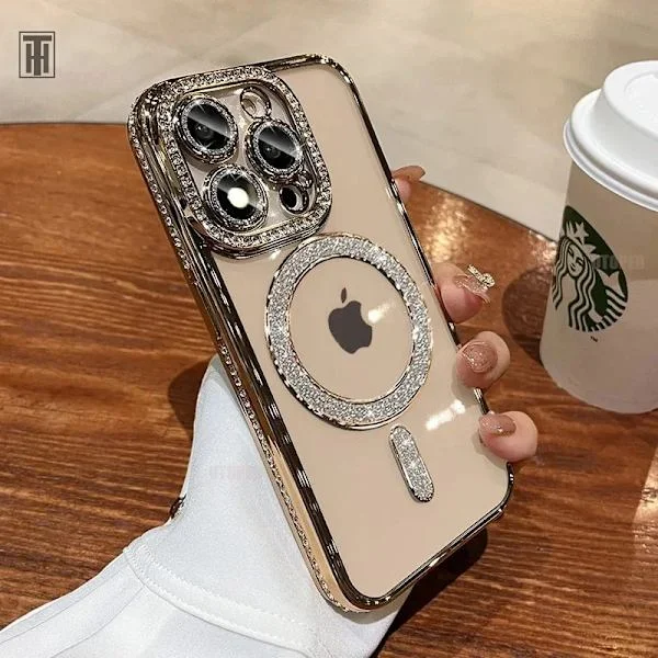 Kristall Diamant Klar Skal för iPhone 17 16 15 14 13 12 11 Pro Max Plus Bling Slät Magsafe Magnetisk Trådlös Laddningsskydd