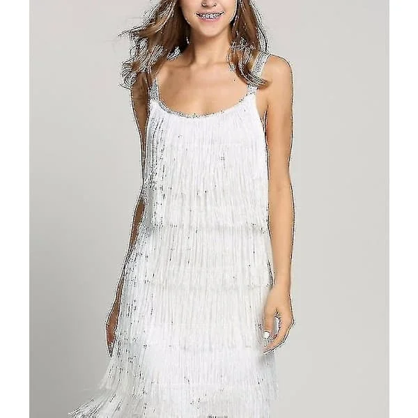 Great Gatsby 1920'er Perlebesat Charleston Kjole til Kvinder, Vintage Flapper Kjole, Hvid, Størrelse XL Hvid