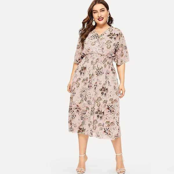 Sommar Dam Plus Size Blommig V-ringad Kortärmad Hög Midja A-linje Chiffong Lång Klänning