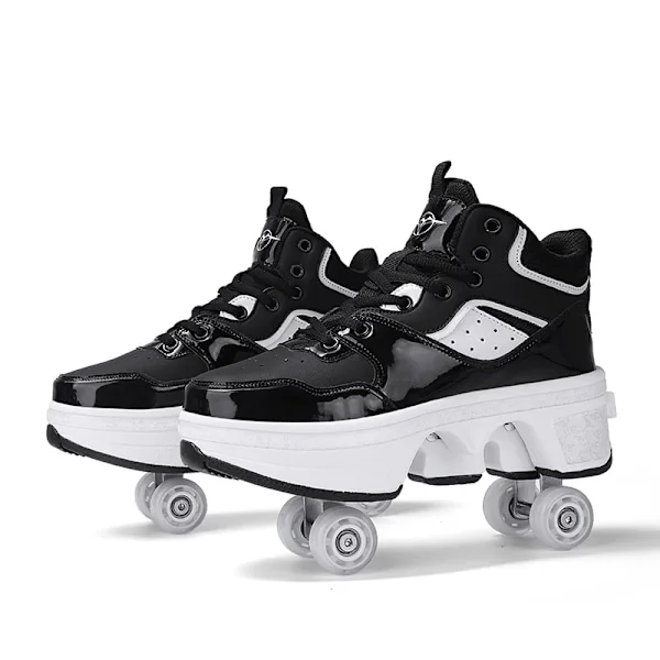 Unisex Youth Deformation Skating Shoes Four Wheels Rounds Of Roller Skate Shoes Casual Sneakers Deform Roller Shoes Blu