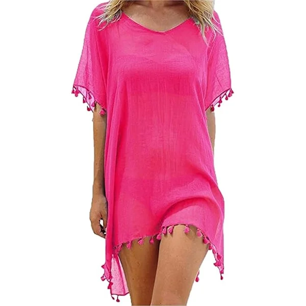 Strandklänning dam sommarklänning bikiniöverdrag sommarbadkläder lång skjorta tunika strandponcho fransad sexig chiffong strandblus dam