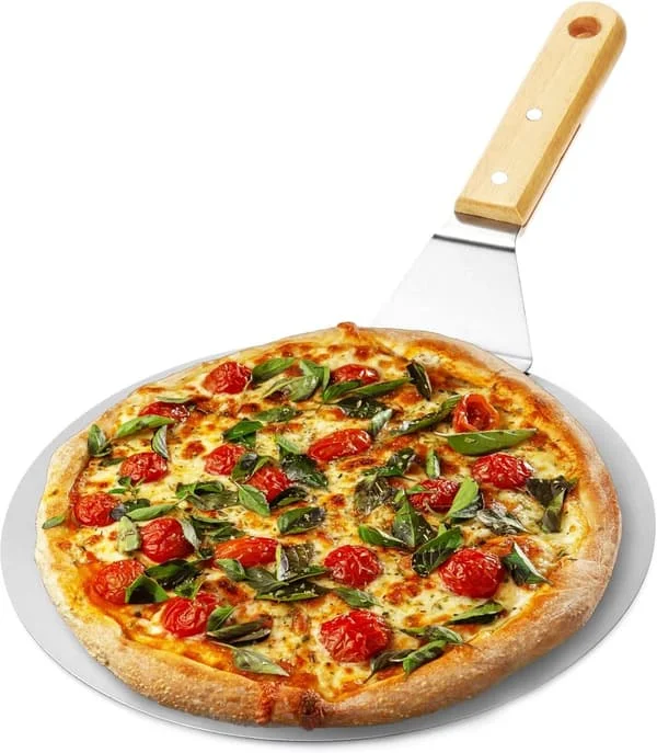 Pizzaspade i rustfritt stål - Rund, med trehåndtak, ø25,5cm - for pizza, brød, grill, ovn - Brun/Sølv