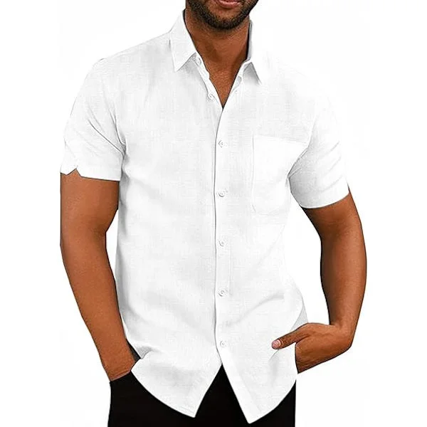 Herre Skjorter Kortermet Skjorter Menn Lin Knapp Ned Strand Casual Skjorter for Menn Voksen med Lomme
