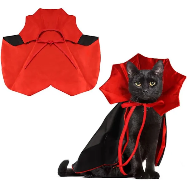 Halloween Kat Vampyrkappe Kostume Halloween Justerbar Rød Sort Kæledyrskappe Kostume Tøj, Halloween Tilbehør Kostume Outfit Dekor Hætte
