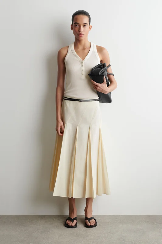 COS Women's Pleated Cotton Linen Midi Skirt in White