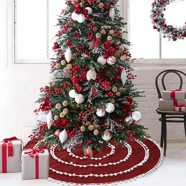 Burlap Christmas Tree Skirt with White Balloons - 120 cm, Christmas Tree Decoration