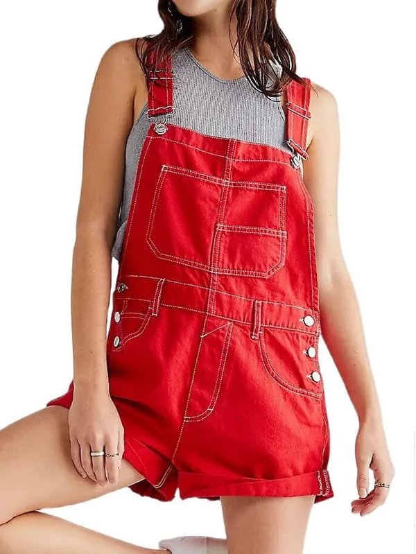 [LD]Dame denim overalls sommer afslappet løse justerbare overalls denim overalls patchwork overalls rød L Rød