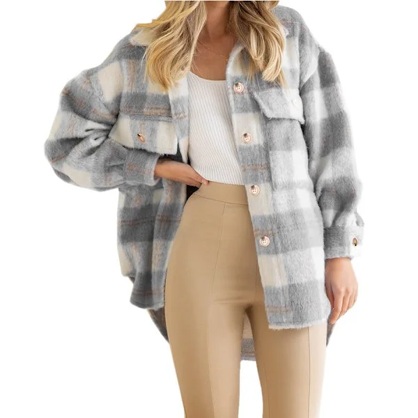 Vinter Uldfrakke Casual Ternet Flanell Shacket Jakke Oversized Knaplukning Langærmet Efterår Skjortejakke Frakke Toppe Jakke Dame GRÅ
