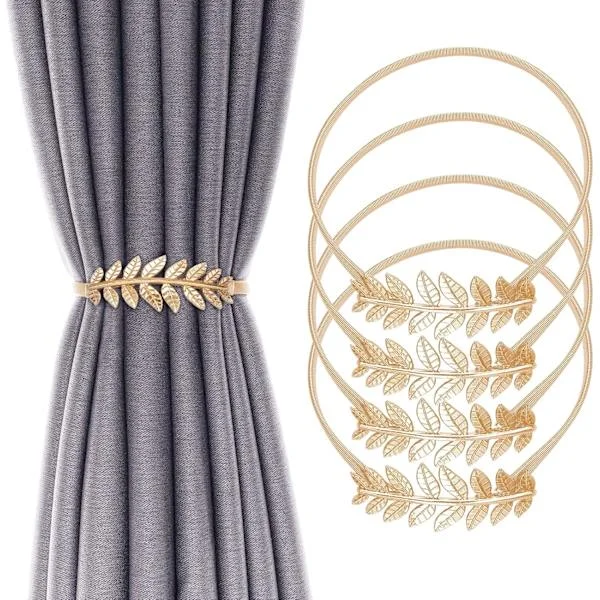 [RM] 8-pack curtain tiebacks in aluminum alloy, spring design, leaf cutting holder, modern decor, gold leaf