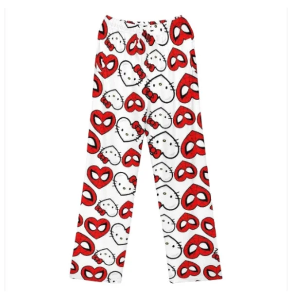 Dame Pyjamasbukser med Julemandstegneserie i Fleece, Piger Katteprint Flanel Sovebukser Gave (Fuldt Trykt) KT Kat Hvid KT Kat Hvid KT Kat Hvid M