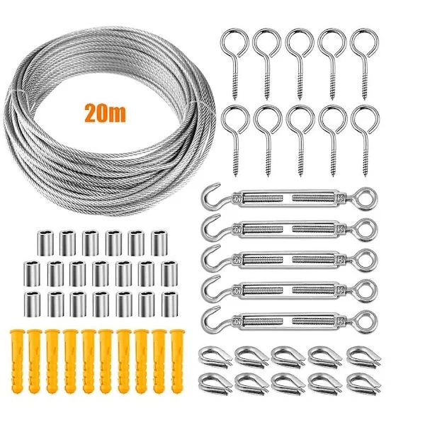 304 Rostfritt Stål Vajerupphängningsset, Rostfri Vajer, PVC Vajerspännare, för Tältlinor, Tvättlina, Utomhus Ljuskrona, Trädgård (20m)BY