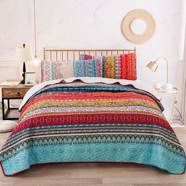 Bohemian Quilted Bedspread, Double 3-Piece Patchwork Quilt, Reversible Comforter, Soft Microfiber Bedspread, 220-240 cm