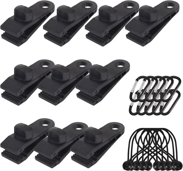 10 Pakke Presenningsklemmer Utendørs Presenningsholder med Båndstrammer Strikk + D-formet Karabinkrok for Presenninger, Markiser, Camping, Caravan, 
