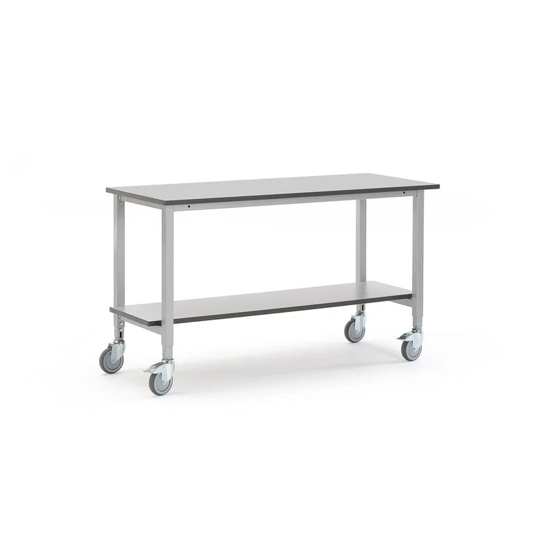 Arbeidsbord MOTION på hjul, med hylle, L1500 B600 H800–1200 mm, grå