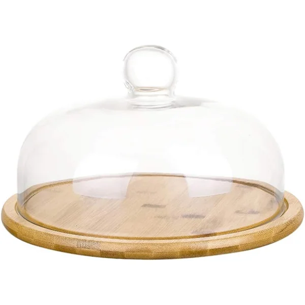Kakekuppel Glass Cloche 8 tommer Bambusstativ med Kuppel, Brett Tallerken Rundt Lokk, Holder Klart Deksel Serveringsfat Mat -