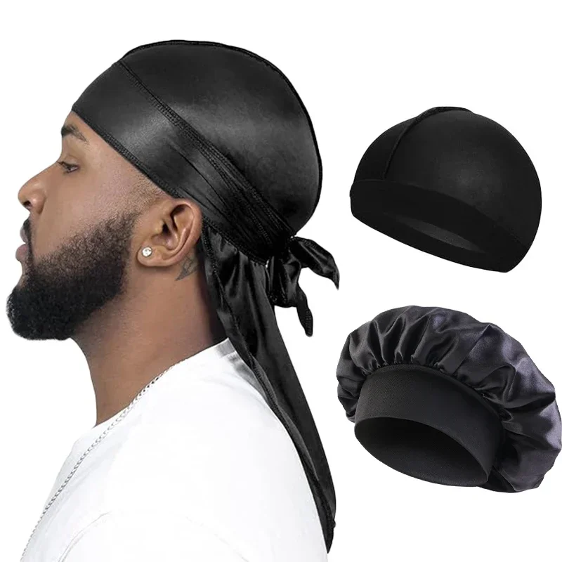AliExpress - Durag-Turban en Satin Soyeux à Longue Queue pour Homme, Bonnet artificiel astique pour Perruque, 3 Pièces