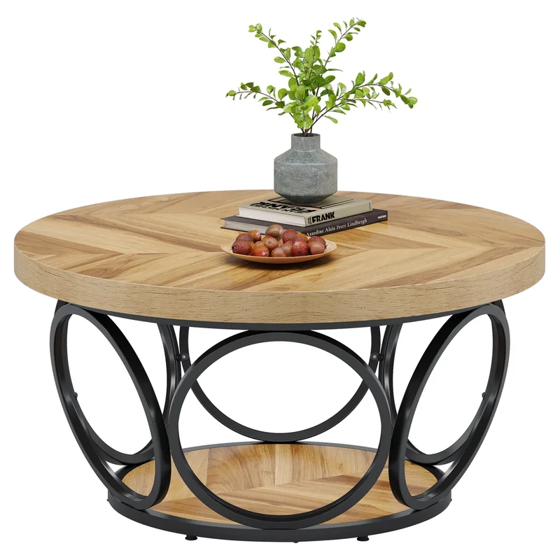 AliExpress - Tribesigns runder Couchtisch, 80 cm runder Holztisch, großer runder Bauernhaus-Couchtisch mit 2-stufigem Stauraum