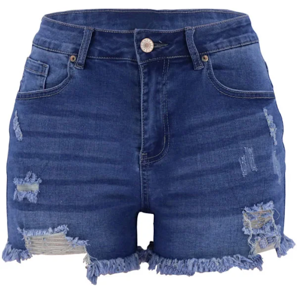 Dame Mid Rise Flåede Stretch Jeans Shorts Afslappede Denim Shorts