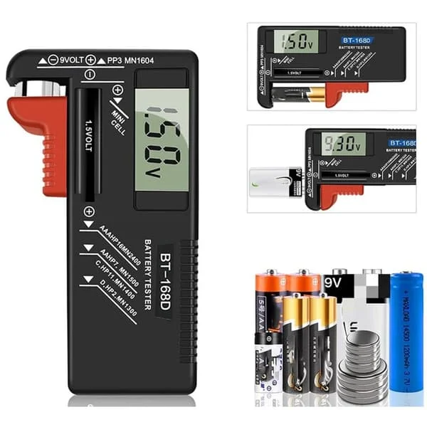 Digital batteritester, universell batteritester, batteritester, for AA, AAA, C, D, PP3, 9V, 1.5V, knappcellebatterier