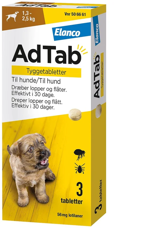 AdTab AdTab til hunde 3-pak 1.3-2.5 kg 56 mg, Medicin & Pleje, Flåter & Lopper, Flåt- Og Loppemiddel Til Hunde