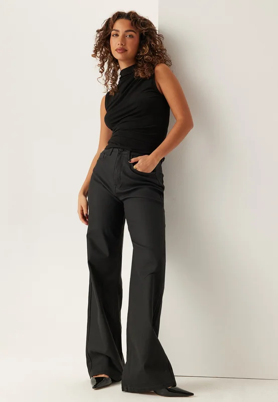VILA-Vifreya Hw Coated Wide Jeans-Black Beauty Detail:Coated
