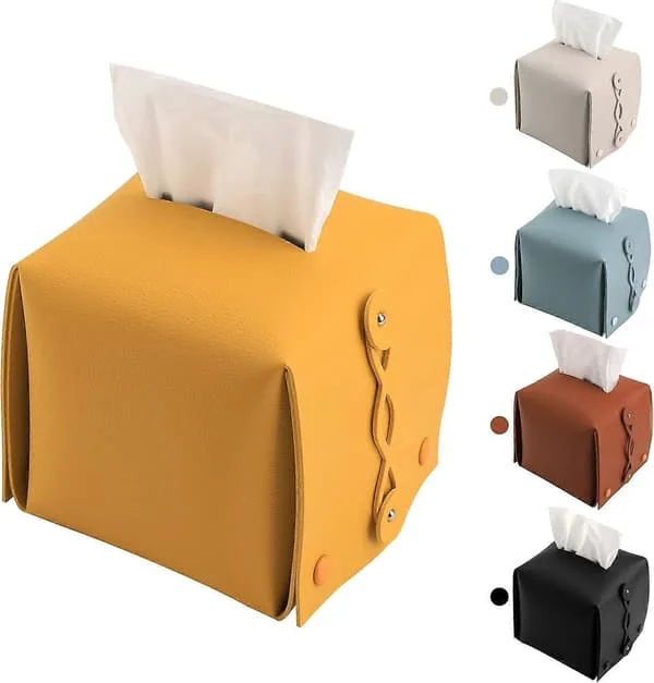 Leather Tissue Box Holder, Rectangular, Square, for Car, Home, Bathroom, Bedroom, Office, Nightstand, Desk and Table (04 Yellow)