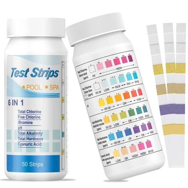 50 stk. Svømmepøl Teststrips 6 i 1 Test Total Klor, Frit Klor/Brom, PH, Total Alkalinitet, Total Hårdhed, Syre