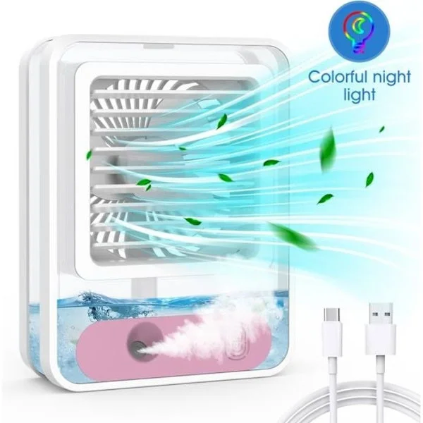 (Rosa) Mini Portabel Luftkonditionering, Tyst Rumsfläkt, Mobil Luftkonditionering, USB Uppladdningsbar Liten Luftfuktare 2500mAh