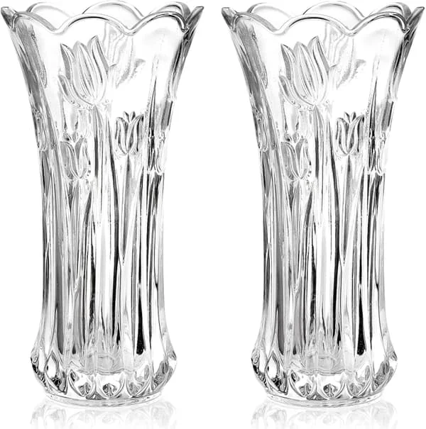 Set med 2 Glasblomvaser, 24 cm Stora Blomvaser för Bordsdekorationer, Modern Klar Tjock Kristall Hög Cylinder Utvidgad Vas