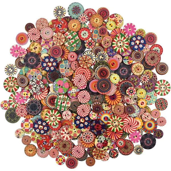 300 Printed Round Wooden Buttons with Double Holes, Mixed Colors and Sizes, Suitable for Sewing, Crafts, Decoration and DIY Clothing.