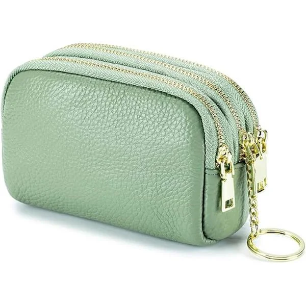 3-piece Genuine Leather Coin Purse (Light Green) with Triple Capacity, Interchangeable Bag, Small Travel Wallet for Women with Keychain